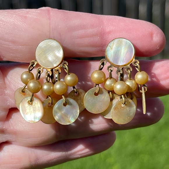 Vintage Abalone Shell Hanging Dangle Screw Back Screwback Earrings